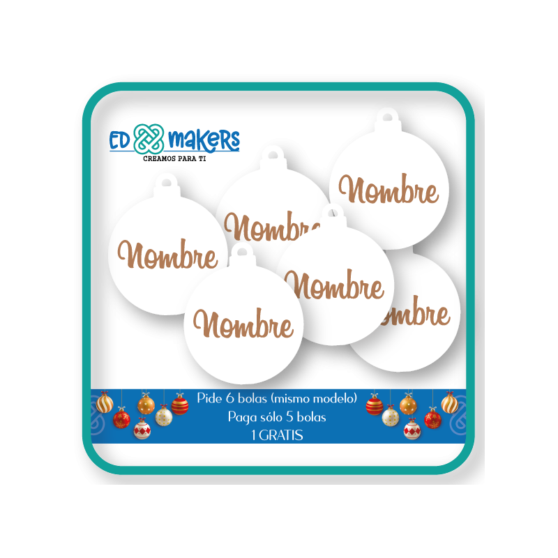 Pack de 6 bolas de Navidad madera con nombre en relieve