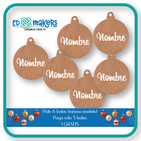 Pack de 6 bolas de Navidad madera con nombre en relieve